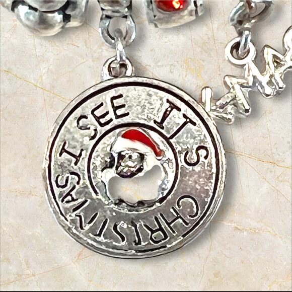 Silver-tone Christmas Charm Bracelet Holiday European Style Slider Glass Beads - Picture 2 of 11